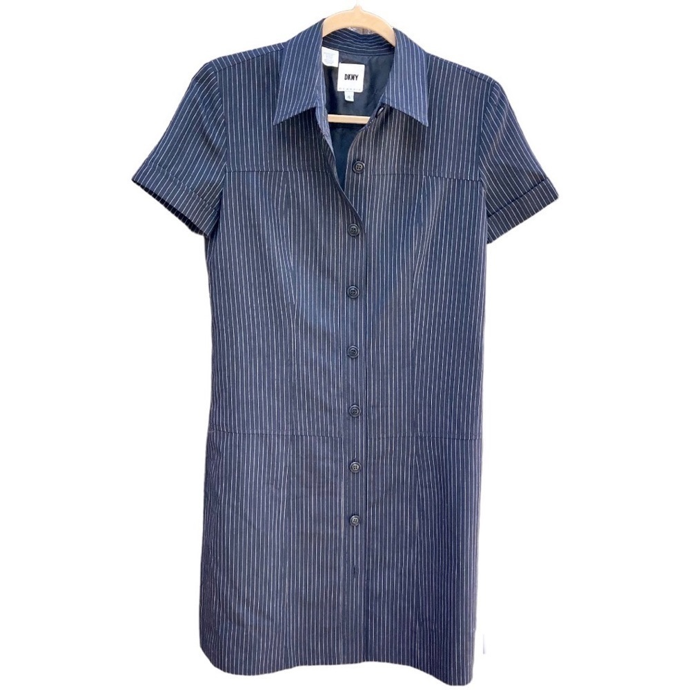 Vintage Dkny Pin Stripe Dress Navy Wool Button Front Short Sleeve Timeless Sz 4